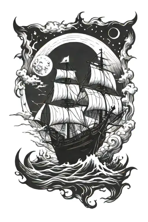 Wooden Tallship In Storm With Skull In The Background As The Moon