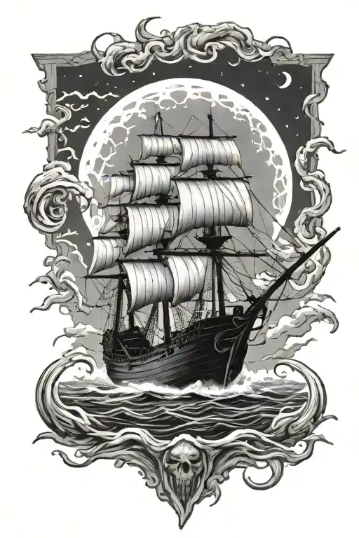 Wooden Tallship In Storm With Skull In The Background As The Moon
