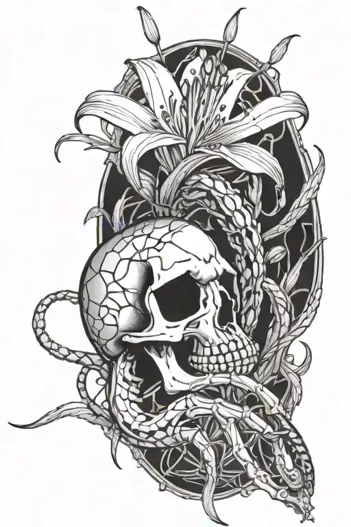 Skeleton Hand Holding A Spider Lily With A Snake Wrapped Around