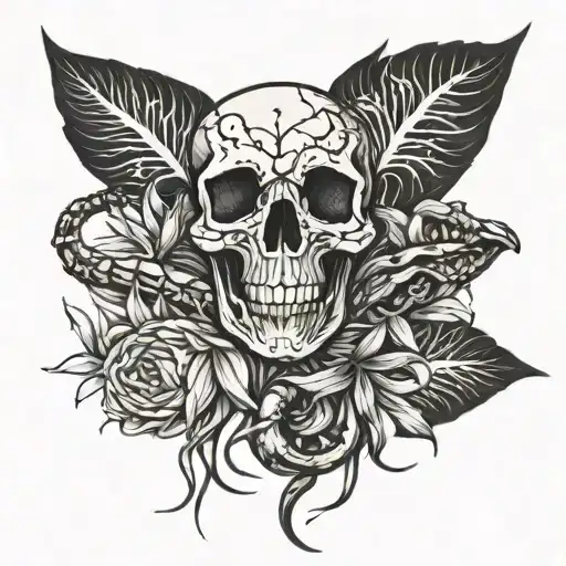 A Tattoo Of Skeleton Hands Holding A Snake With Spider Lilies In The Background