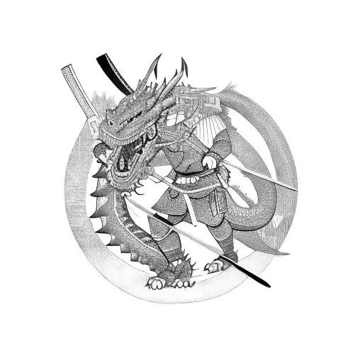 A Fierce Samurai Warrior Battling A Dragon In A Traditional Japanese Landscape