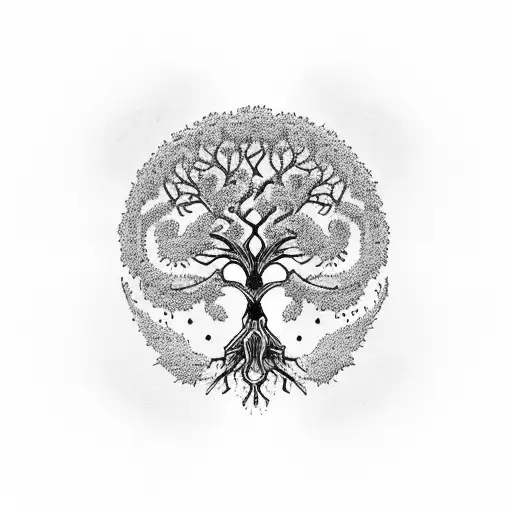 A Cosmic Tree Of Life With Intricate Blackwork Style