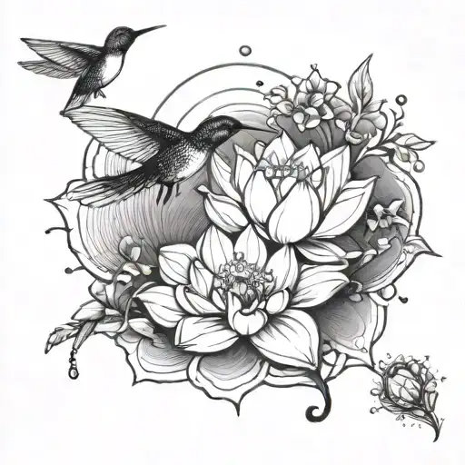 Lotus Flower Blooming With Humming Birds Flying Towards The Sun