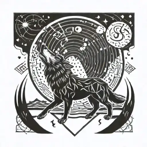 A Geometric Wolf Howling At A Moon Made Of Musical Notes
