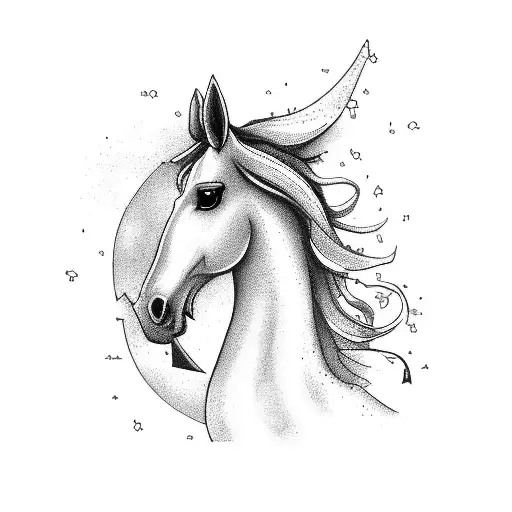 A Detailed Blackwork Tattoo Of A Galloping Horse Surrounded By A Lush Forest Landscape