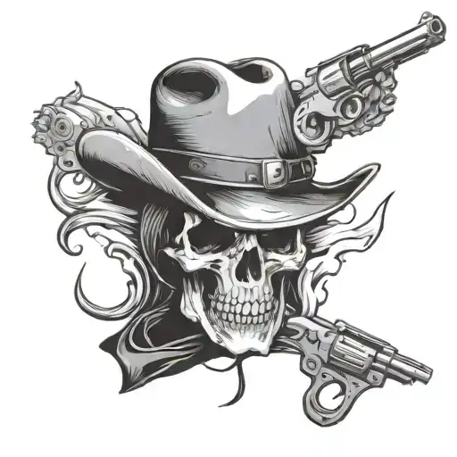 Cowboy Skull Wearing Hat With Revolvers At The Back