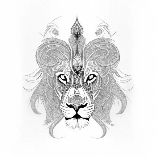 A Majestic Lion With Intricate Tribal Patterns Incorporated Into Its Mane
