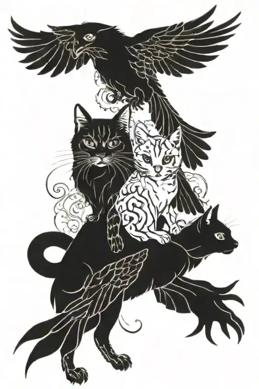 Three Cat Adventurers On A Phoenix
