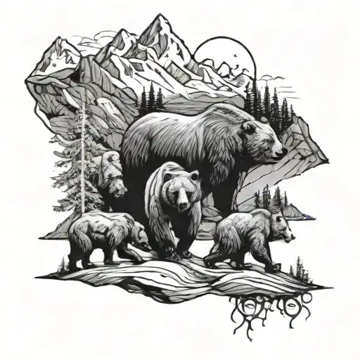 A Mystical Mountain Range In The Background With A Trio Of Bears Roaming In The Foreground