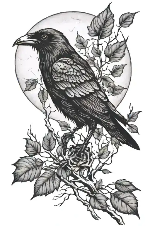 Raven Skeleton And Leaves Growing And Moon
