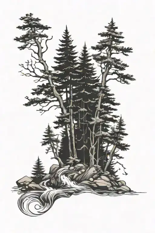 A Winding Stream Flowing Through A Dense Pine Forest