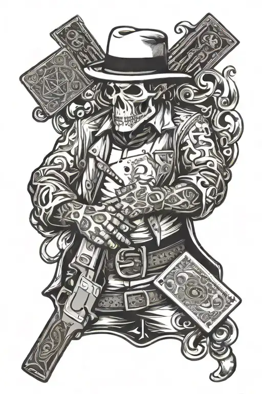 A Gangster Holding A Deck Of Cards With Guns Tucked Into His Belt