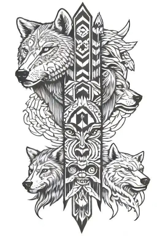 Totem Pole With Hawk Wolf Bear Head