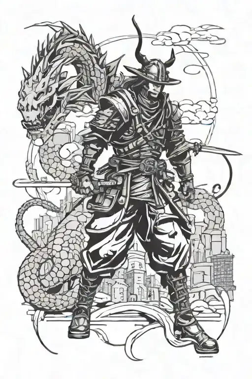 A Futuristic Cyberpunk Samurai Battling A Dragon In A Post-apocalyptic Cityscape