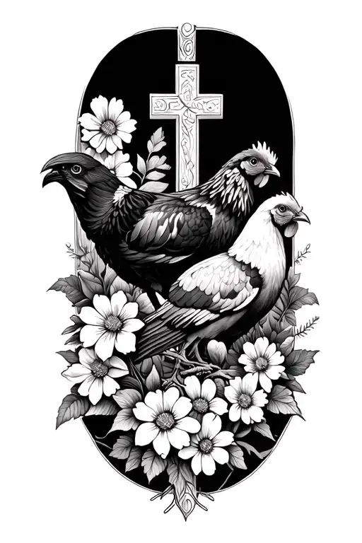 Cross With Brahama Chickens And Flowers Around It