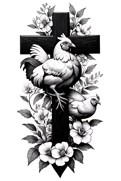 Cross With Silkie Chickens And Flowers Around It