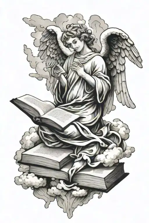 Angel Statue Full Body Holding Open Book Surrounded By Clouds