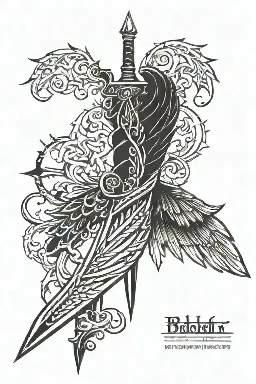 Thick Sword Spine Tattoo With Wings Upper Back