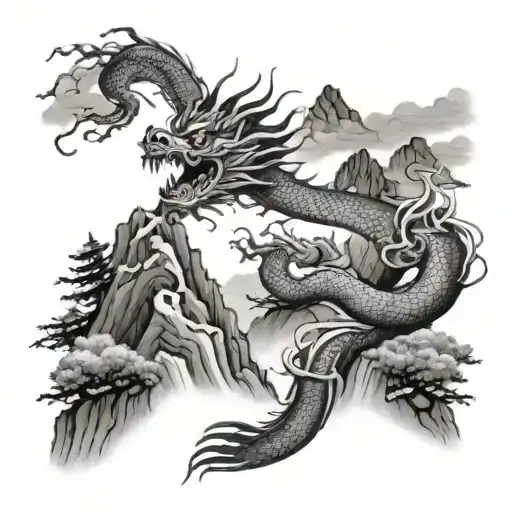 Chinese Dragon Wrapping A Mountain Landscape