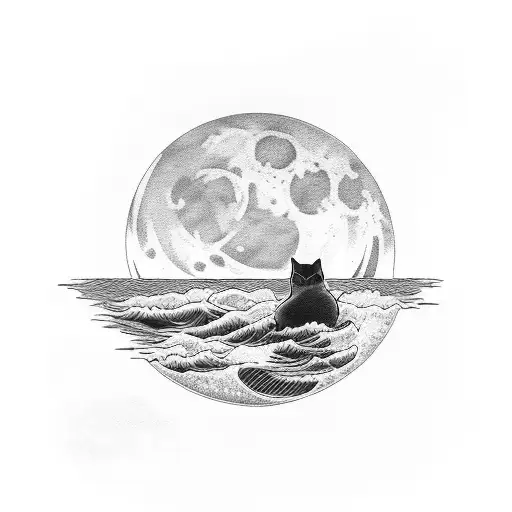 A Majestic Moon Rising Over The Sea With A Silhouette Of A Cat Sitting On The Shore