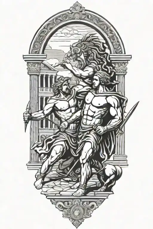 Achilles Fighting Hector With Greek Architecture