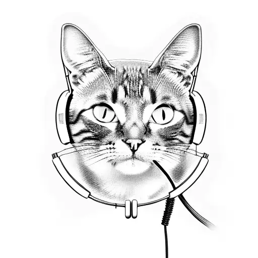 A Black And Grey Tattoo Of A Cat Wearing Headphones