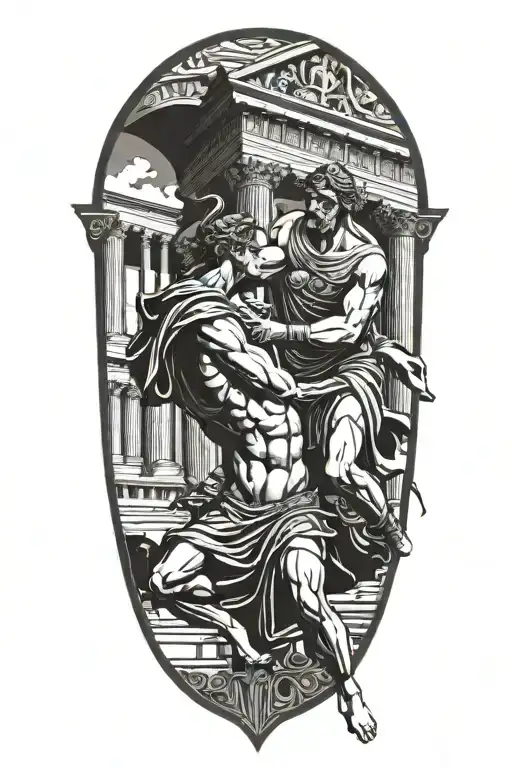 Achilles Fighting Hector With Greek Architecture