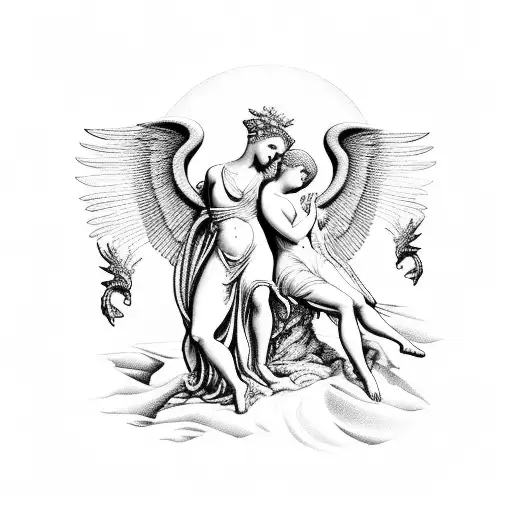 A Blackwork Tattoo Of A Greek Mythology Scene Featuring Cupid And Psyche On A Beach