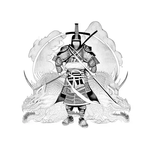 A Japanese Samurai Warrior Battling A Dragon