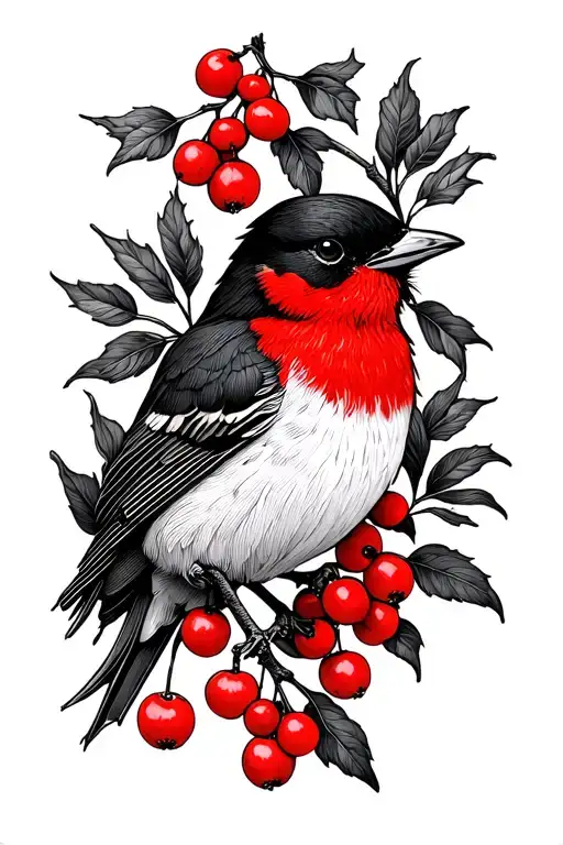 Throstle Bird With Red Berries