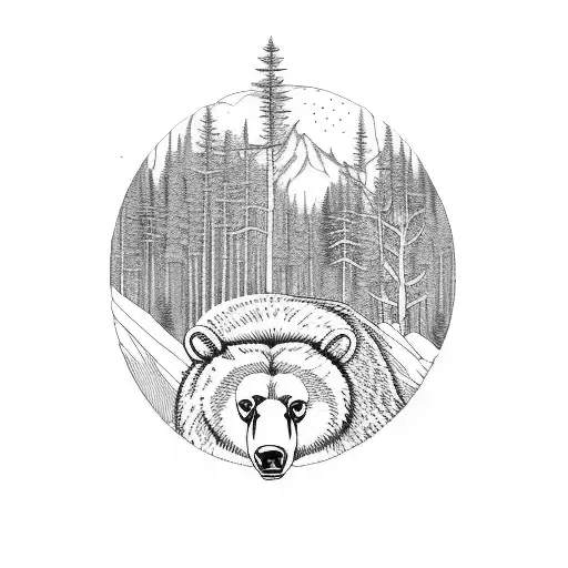 A Majestic Forest Scene With A Bear And A Ram Peacefully Coexisting