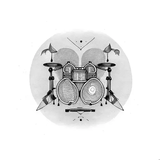 Intricate Blackwork Design Of A Drum Set With Metal Music Elements