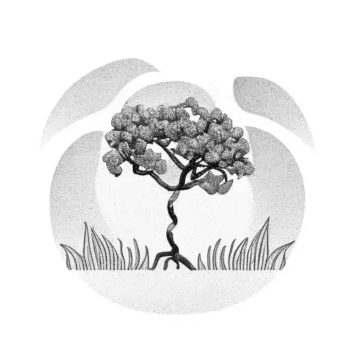 A Blackwork Tattoo Of A Cashew Tree With A Silhouette Of A Cat Sitting On One Of The Branches