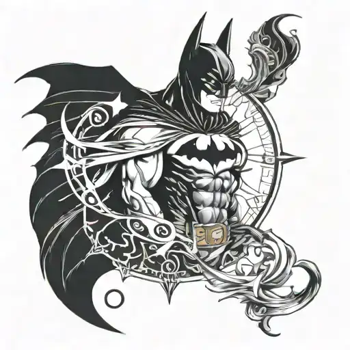 A Blackwork Tattoo Of Batman's Silhouette With The Pisces Zodiac Symbol Incorporated Into The Design