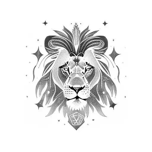 A Blackwork Tattoo Of A Majestic Lion Surrounded By Galaxies And Constellations