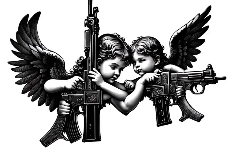 2 Little Angels With Guns Tattoo Ak47