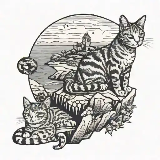 A Whimsical Tattoo Of A Cat Lounging On A Cliff Overlooking The Beautiful Landscapes Of Cornwall