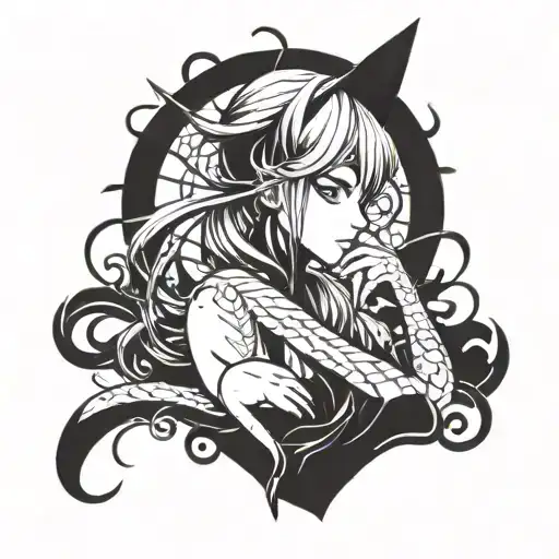 A Sleek Blackwork Tattoo Of A Mystical Anime Character With Cat Ears And Tail