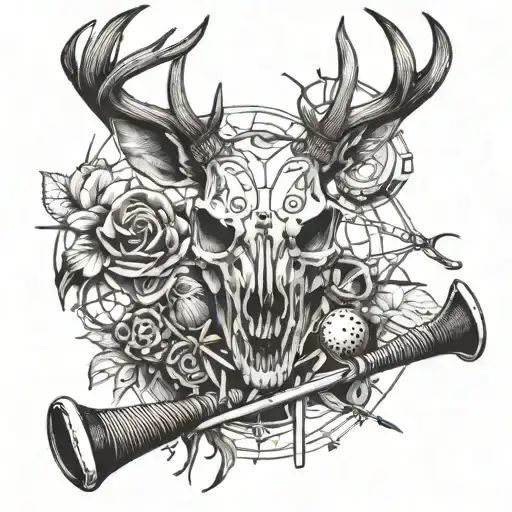 A Deer Skull Intertwined With Golf Clubs And Hockey Sticks