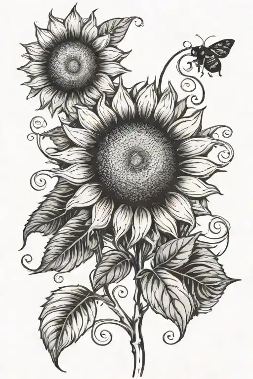 Sunflower With Vines And A Ladybug