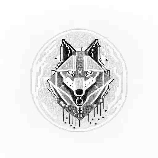 A Blackwork Tattoo Of A Pixelated Wolf Howling At A Moon Made Of Computer Code