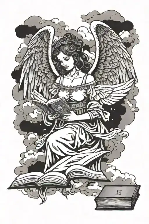 Gothic Female Angel Holding Book Surrounded By Clouds