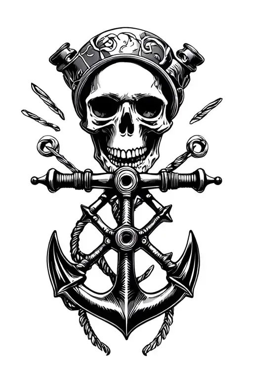 Skull With Steering With Anchor Surrounded