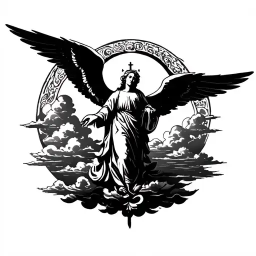 Stencil Of A Religious Style Tattoo With Clouds And An Angel With Wings
