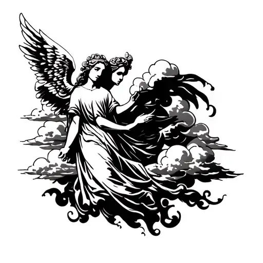 Stencil Of A Religious Style Tattoo With Clouds And An Angel With Wings