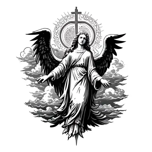 Stencil Of A Religious Style Tattoo With Clouds And An Angel With Wings
