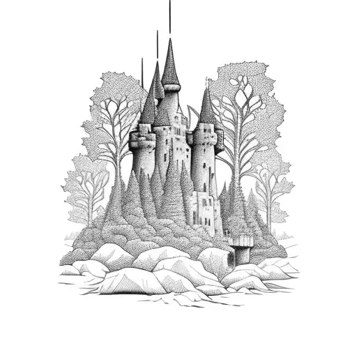 A Blackwork Castle Surrounded By A Forest Of Skeletal Trees