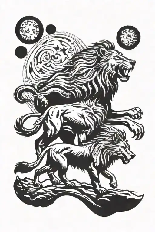Lion And A Wolf Howling At The Moon