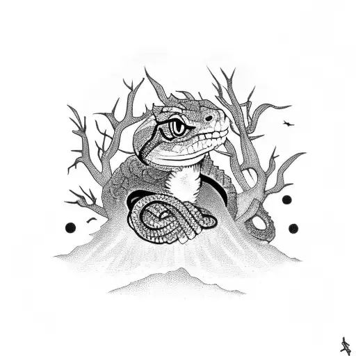 Leapard And Snake Under Tree At Sunset