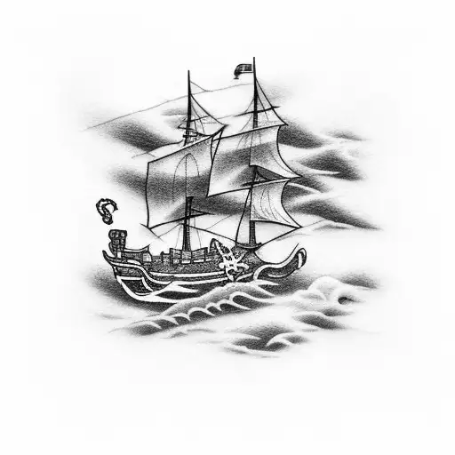 Pirate Ship Riding The Ocean And Lightning Above